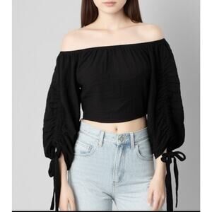 OLIVACEOUS Ramie Linen Crop Top S Black Off Shoulder Balloon Sleeve  Zip Boho